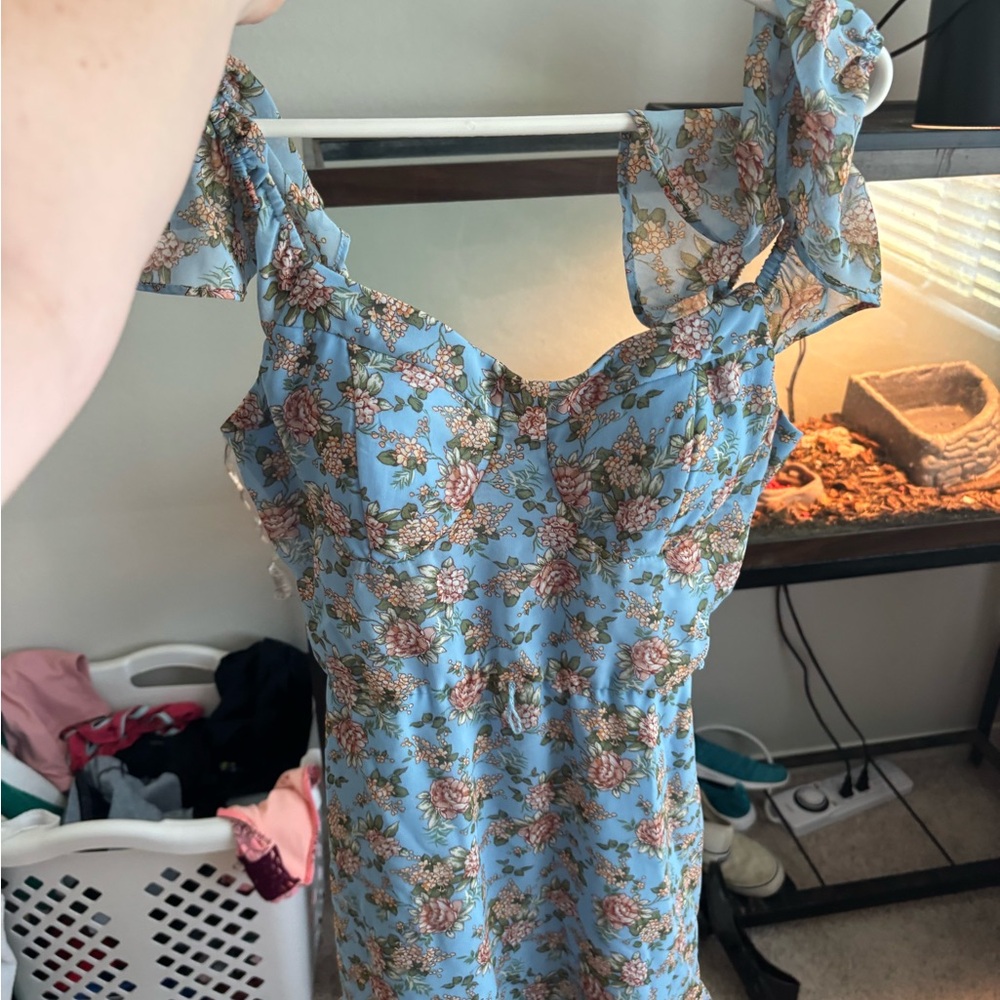 Floral Blue Dress with Ruffle Sleeves